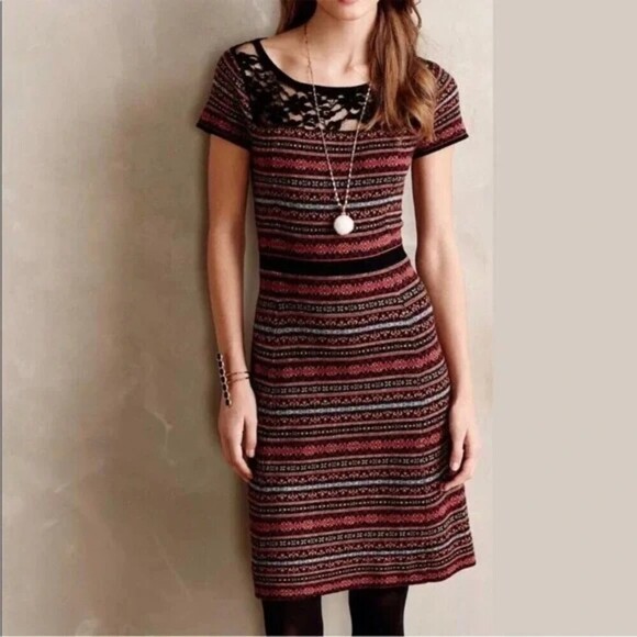 ANTHROPOLOGIE Sparrow Lambswool Faire Isle Stripe Lace Knit Sweater Dress Small - Picture 1 of 8